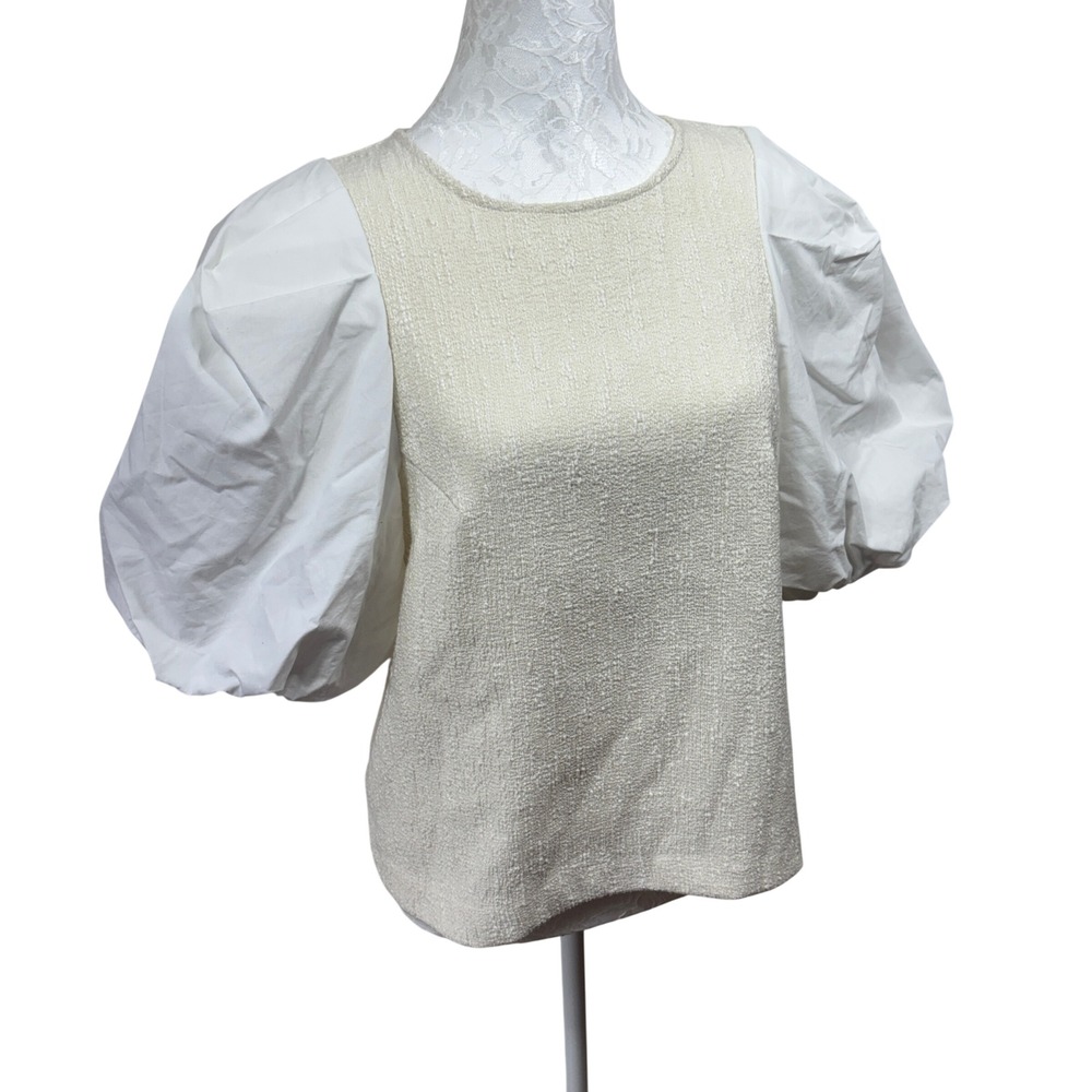 Anthropologie Cream White Boucle Knit Poplin Puff Sleeve Top Blouse Women Medium - Picture 4 of 9
